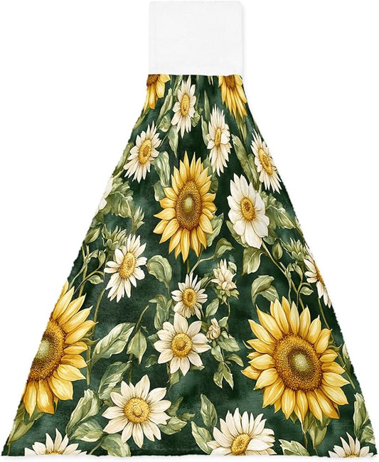Alandar Home Kitchen Tie Towel Set of 1, Country Sunflower Green Watercolor Leaves Absorbent Soft Hand Towels for Bathroom Hanging Towels, Blossom Floral Fast Drying Cleaning Cloth with Loop