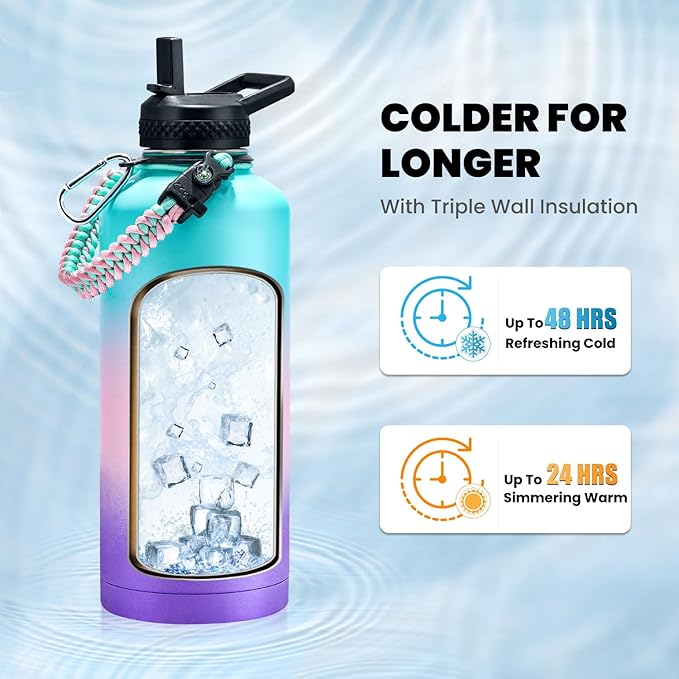 RAYMYLO Insulated Water Bottle 87 oz, Triple Wall Vacuum Stainless Steel (Cold for 48 Hrs), Leak Proof & Non-BPA, Modern Water Flask Jug with Paracord Handle & Straw Spout Lids, Hydrangea