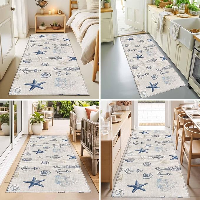Runner Rug for Bedroom Hallway, Coastal Seahorse Starfish Shell Conch Kitchen Runner Rugs Area Rug 2x6ft, Vintage Nautical Anchor Washable Soft Floor Carpet for Entryway Stair