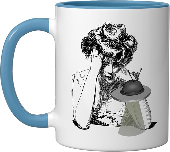 Girl with Alien Flying Saucer UFO Ceramic Mug, Blue/White