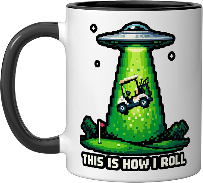 This Is How I Roll Golf UFO Abduction Funny Pixel Art Ceramic Mug, Black/White