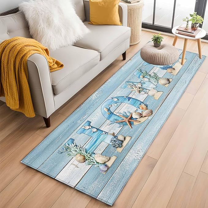 Runner Rug for Bedroom Hallway, Summer Ocean Beach Shell Home Quote Kitchen Runner Rugs Area Rug 2x6ft, Farm Blue Wood Board Washable Soft Floor Carpet for Entryway Stair