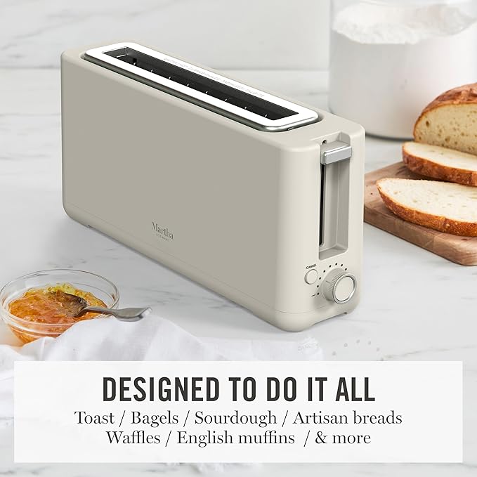 Martha Stewart 2 Slice Long Slot Toaster, Extra Wide for Sourdough & Bagels, 10 Setting Shade Control, Removable Crumb Tray, Self-Centering Design, Defrost/Reheat, Cancel, Slim Space-Saving, Linen