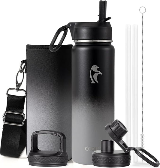 Coolflask Water Bottle 24 oz Insulated with Straw, Stainless Steel Metal 3 Lids Water Flask Wide Mouth for Sports or Office, Non-BPA Keep Cold Up to 48 Hrs or Hot Up to 24 Hrs, Piano Night