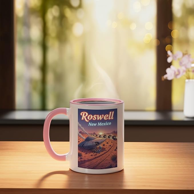 Roswell New Mexico UFO Crash in the Desert Alien Souvenir Ceramic Mug, Pink/White