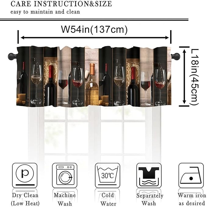 Red Wine Kitchen Valance, Wine Bottle Glass Collage Cheese Winery Short Window Drapes for Dining Room Resturant Pub Bars Decor, 54x18Inch