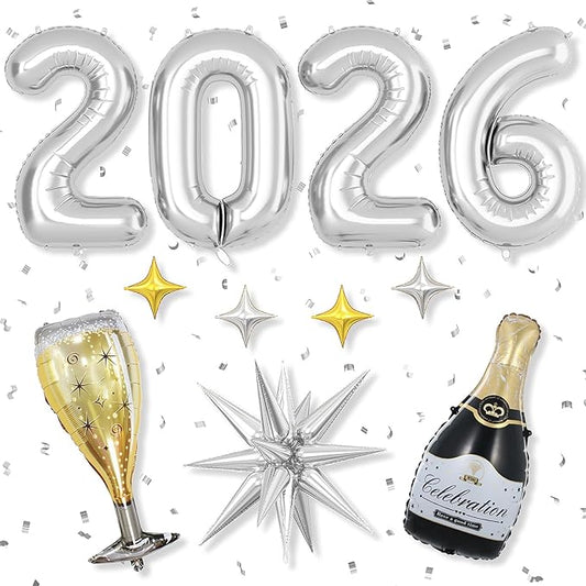 Silver 2026 Balloons, 40 Inch Number 2026 Silver Foil Balloons, Gold Silver Star Balloon Champagne Bottle Glass Balloon for Happy New Years Eve Party Supplies 2026 Class of 2026 Graduation Decorations