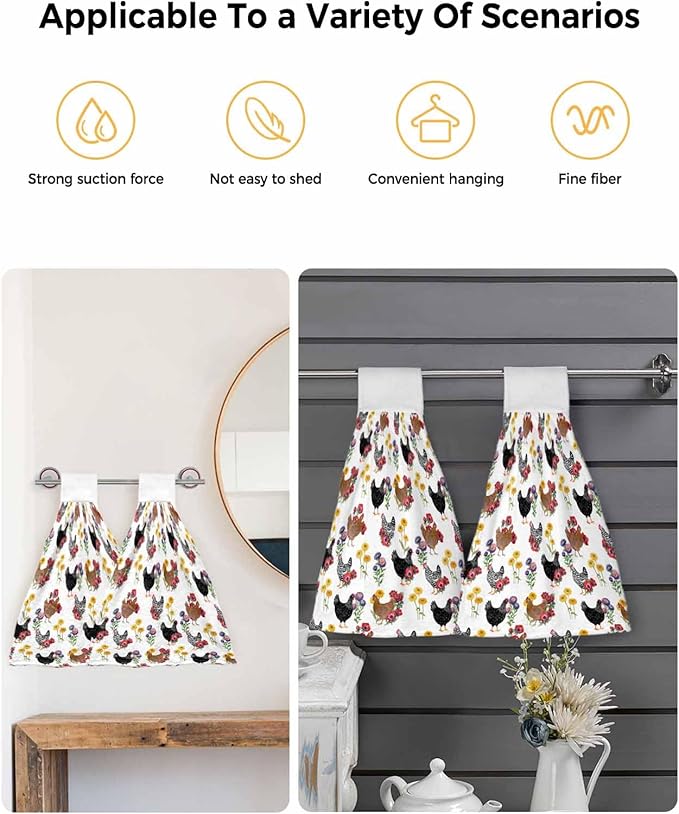 Alandar Home Kitchen Tie Towel Set of 1, Farmhouse Chicken Colorful Poppy Absorbent Soft Hand Towels for Bathroom Hanging Towels, Spring Floral Leaves Fast Drying Cleaning Cloth with Loop