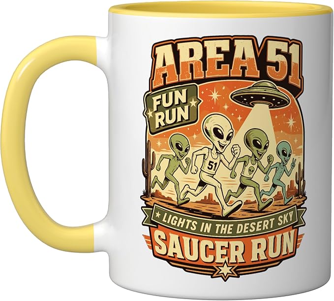 Area 51 Fun Run Saucer Run Alien Ceramic Mug, Yellow/White