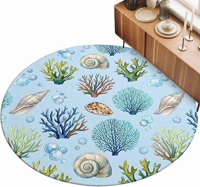 Washable Round Area Rug Coastal Shell Coral Bubble Circle Rugs Floor Carpet for Living Room Bedroom, Nautical Ocean Blue Underwater Scene Soft Non Slip Round Rug 3ft
