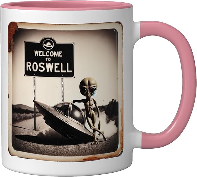 Vintage Alien UFO Crash At Roswell 1947 Photo Ceramic Mug, Pink/White