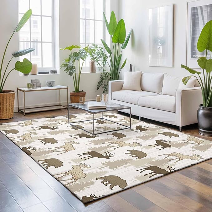 Area Rug 9x12ft, Animal Moose Bears Washable Rugs for Living Room Bedroom Rectangle Floor Carpet, Retro Rustic Pine Trees Soft Non-Slip Area Rugs for Dining Room
