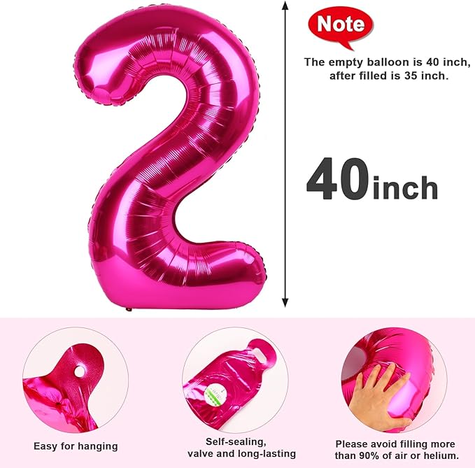 2 Numbers Balloon 40 Inch Hot Pink Two Balloon Number Birthday Decor, 2nd 12 21st Party Celebration Decorations Graduations Wedding Baby Shower