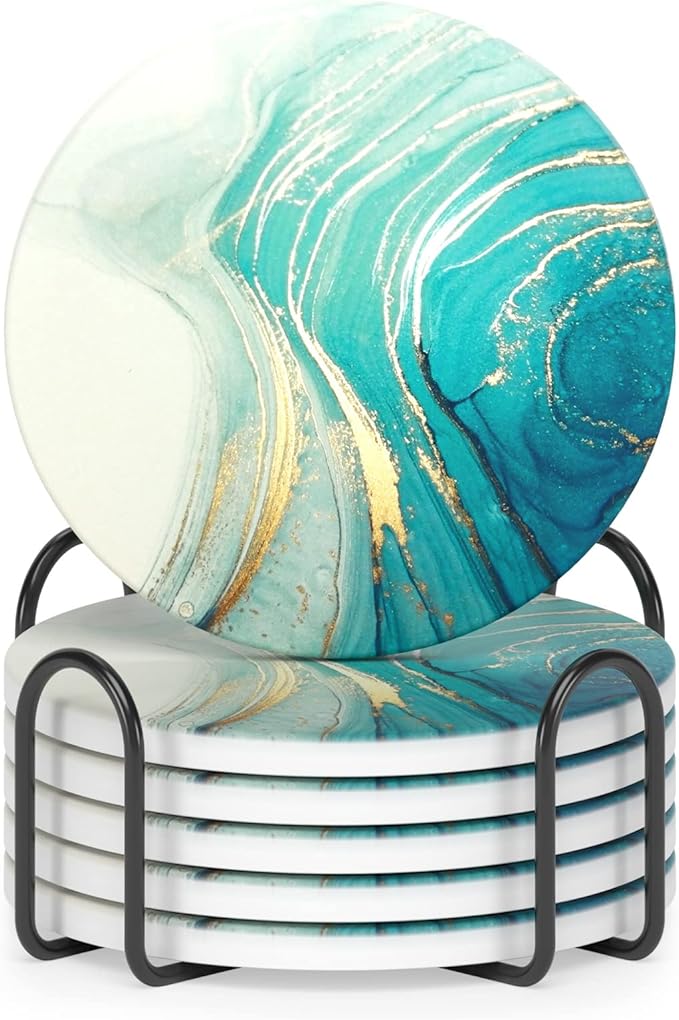 Nipichsha Coasters for Drinks, Set of 6 Cute Absorbent Ceramic Drink Coasters for Cup with Holder and Cork Base, Kitchen Home Decor Housewarming Gift, Round 4 in, Gold Teal Ocean