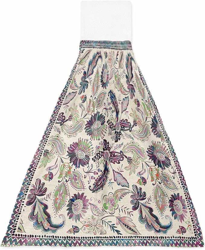 Alandar Home Kitchen Tie Towel Set of 1, Paisley Style Flowers Absorbent Soft Hand Towels for Bathroom Hanging Towels, Abstract Ethnic Floral Art Fast Drying Cleaning Cloth with Loop