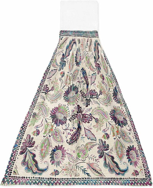 Alandar Home Kitchen Tie Towel Set of 1, Paisley Style Flowers Absorbent Soft Hand Towels for Bathroom Hanging Towels, Abstract Ethnic Floral Art Fast Drying Cleaning Cloth with Loop
