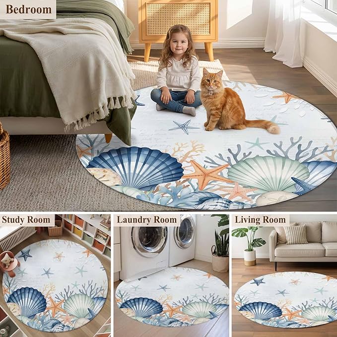 Washable Round Area Rug Underwater Shells Starfish on Blue Circle Rugs Floor Carpet for Living Room Bedroom, Colorful Coral Soft Non Slip Round Rug 5ft