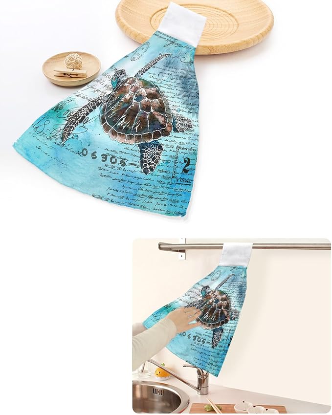 Alandar Home Kitchen Tie Towel Set of 1, Summer Watercolor Ocean Turtle Absorbent Soft Hand Towels for Bathroom Hanging Towels, Retro Stamp Letter Texture on Blue Fast Drying Cleaning Cloth with Loop