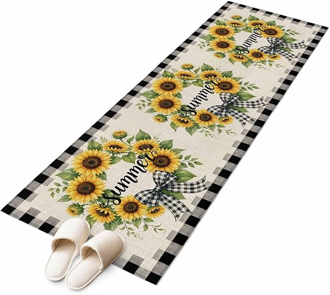 Runner Rug for Bedroom Hallway, Summer Words Farm Sunflowers Kitchen Runner Rugs Area Rug 2x6ft, Butterflies Country Floral Washable Soft Floor Carpet for Entryway Stair