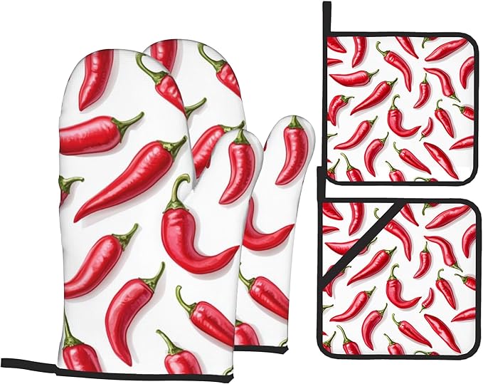 Red Pepper Pattern Oven Gloves and Hot Pads Set - Heatproof Hand Protection for Baking, Grilling, Cooking 4Pcs