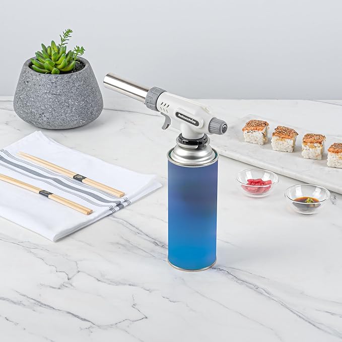 Restaurantware-RW Pyro Creme Brulee Torch With Adjustable Flame, 1 Refillable Culinary Blow Torch - Butane Gas Tank Not Included, No Flaring, White, For Baking, Cooking, BBQ, And More
