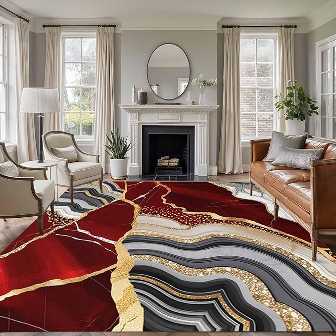 Area Rug 6x9ft, Abstract Flowing Marble Fluid Art Washable Rugs for Living Room Bedroom, Red and Gold Lines Soft Non-Slip Area Rugs Rectangle Floor Carpet for Dining Room