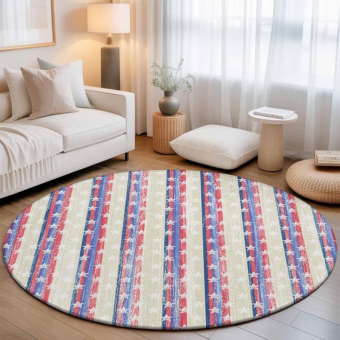 Washable Round Area Rug American Star Stripe Circle Rugs Floor Carpet for Living Room Bedroom, Retro Independence Day Theme Soft Non Slip Round Rug 3ft