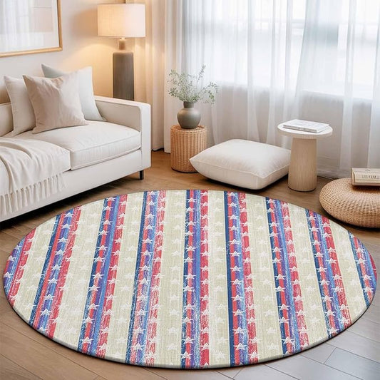 Washable Round Area Rug American Star Stripe Circle Rugs Floor Carpet for Living Room Bedroom, Retro Independence Day Theme Soft Non Slip Round Rug 3ft