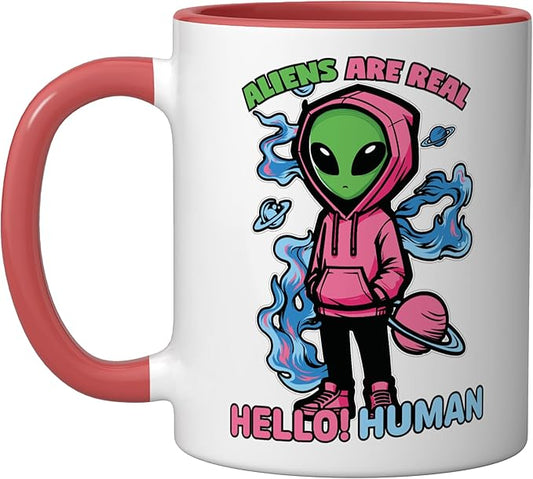 Aliens Are Real UFO Flying Saucer Grey Alien Sci-Fi Art Ceramic Mug, Red/White
