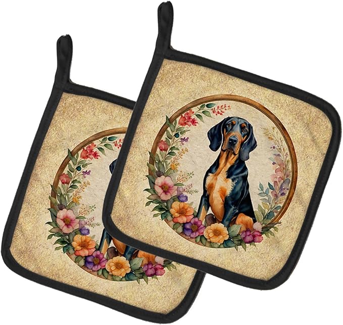 Caroline's Treasures Coonhound and Flowers Pair of Pot Holders Kitchen Heat Resistant Pot Holders Sets Oven Hot Pads for Cooking Baking BBQ, 7 1/2 x 7 1/2