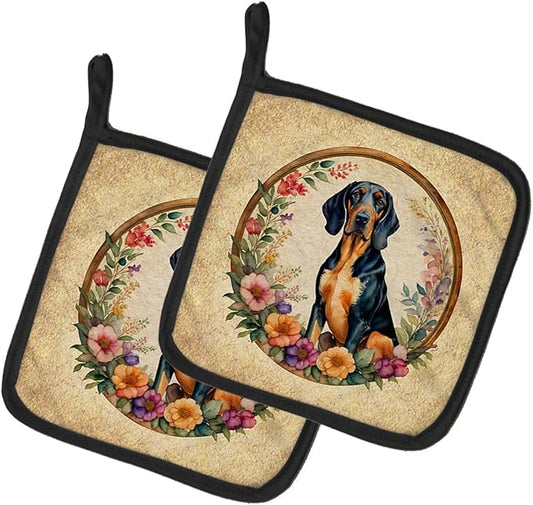 Caroline's Treasures Coonhound and Flowers Pair of Pot Holders Kitchen Heat Resistant Pot Holders Sets Oven Hot Pads for Cooking Baking BBQ, 7 1/2 x 7 1/2