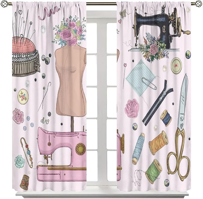 Fashion Blackout Curtain,Clothes Sewing Theme for Women Girls Watercolor Style Window Curtains Dining Room Kitchen Bedroom Living Room Office Nursery Drapes,63x72 in