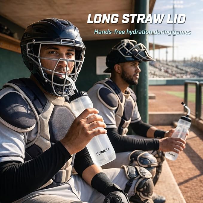Hockey Water Bottle with Long Straw -32 OZ Squeeze Sports Water Bottles 2 Pack with 2 Lids Each(Straw and Squeeze),Lacrosse Water Bottle for Helmet Hockey,Football,Boxing,BPA Free,Dishwash Safe(Clear)