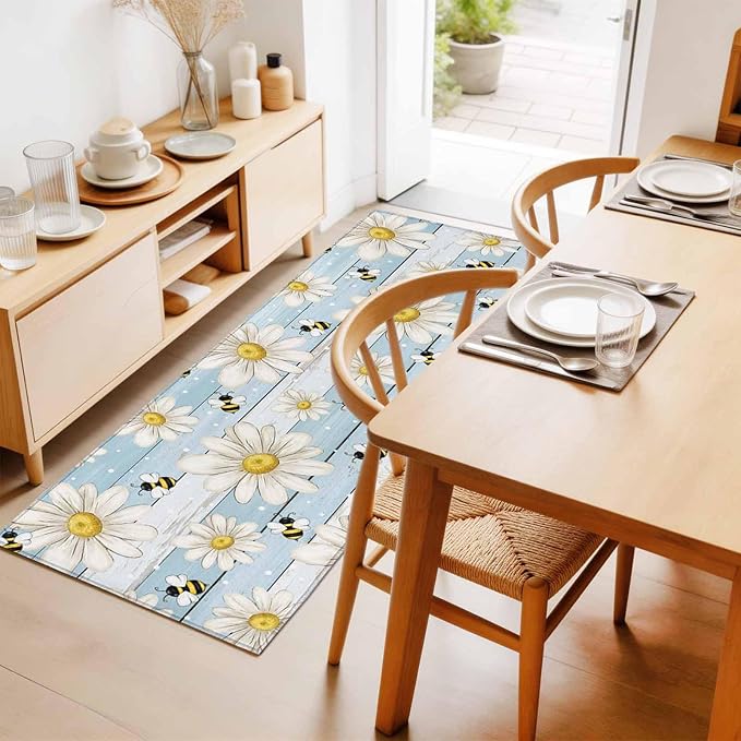 Runner Rug for Bedroom Hallway, Watercolor White Daisy Floral Bee Kitchen Runner Rugs Area Rug 2x6ft, Rustic Light Blue Wood Plank Washable Soft Floor Carpet for Entryway Stair