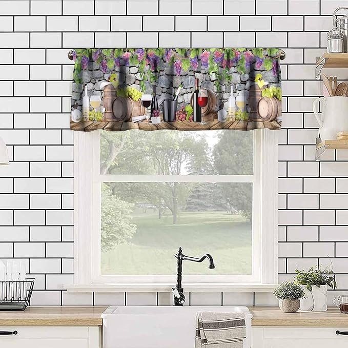 Wine Kitchen Valance, Vineyard Harvest Grapevine Wine Barrel Farmhouse Spring Summer Short Window Drapes for Dining Resturant Party Outdoor Garden Decor, 54x18Inch