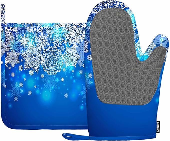 Mxocom Snowflake Oven Mitts and Pot Holders Sets Blue and White Background Silicone Heat Resistant Kitchen Oven Gloves Pot Holder for Cooking