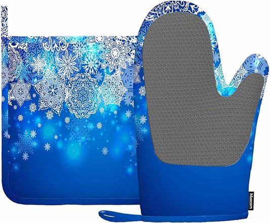 Mxocom Snowflake Oven Mitts and Pot Holders Sets Blue and White Background Silicone Heat Resistant Kitchen Oven Gloves Pot Holder for Cooking
