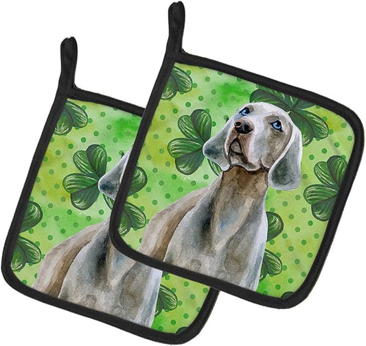 Caroline's Treasures BB9848PTHD Weimaraner St Patrick's Pair of Pot Holders, Green Kitchen Heat Resistant Pot Holders Sets Oven Hot Pads for Cooking Baking BBQ, 7 1/2 x 7 1/2