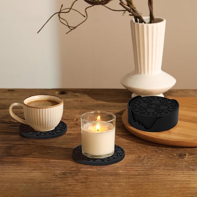 Black Silicone Coasters with Holder, 4 Inch Modern Non-Slip Drink Coasters Set of 6, Decorative Cup Mats for Desk, Tabletop, Coffee, Beer & Beverage, Dishwasher Safe - Housewarming Gift