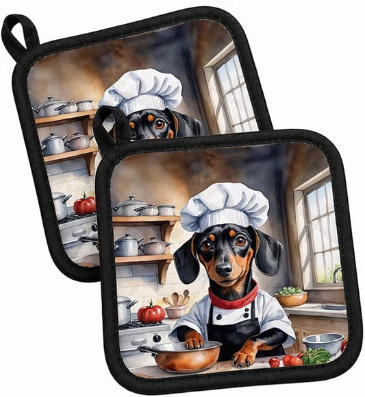 Caroline's Treasures Dachshund The Chef Pair of Pot Holders Kitchen Heat Resistant Pot Holders Sets Oven Hot Pads for Cooking Baking BBQ, 7 1/2 x 7 1/2