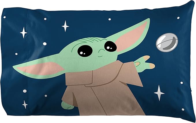Jay Franco Kids Sheet Set with Fitted, Flat Sheets & Pillow Cover - Ultra-Soft Bedding with Pillowcase for Room Decor, Blue - Mandalorian, 4 Piece Queen