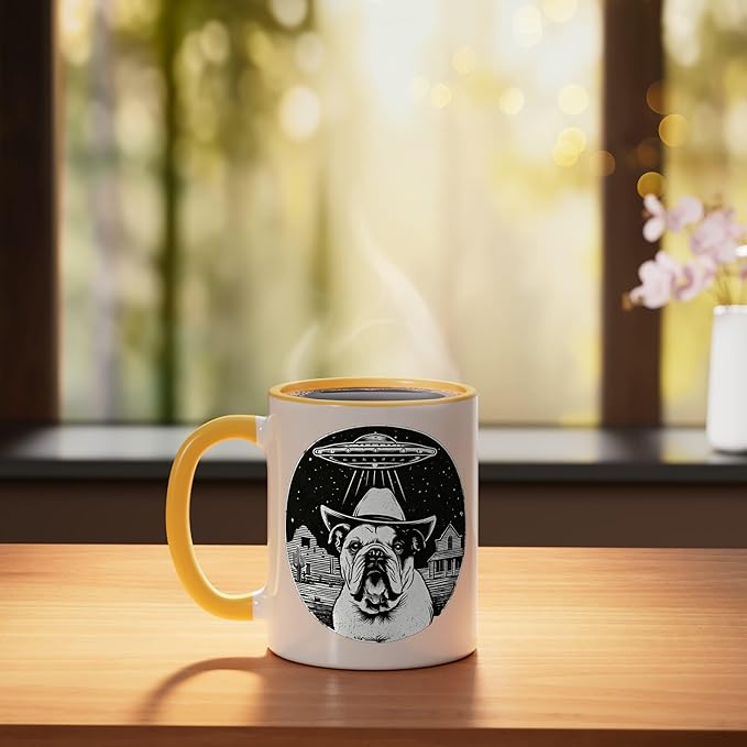 Retro UFO Cowboy Bulldog Western Sci Fi Alien Ceramic Mug, Yellow/White