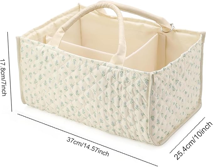 Quilted Fabric Storage Basket Floral Baby Diaper Caddy Quilted Basket for Nursery Bedroom Car Storage (L- Green)