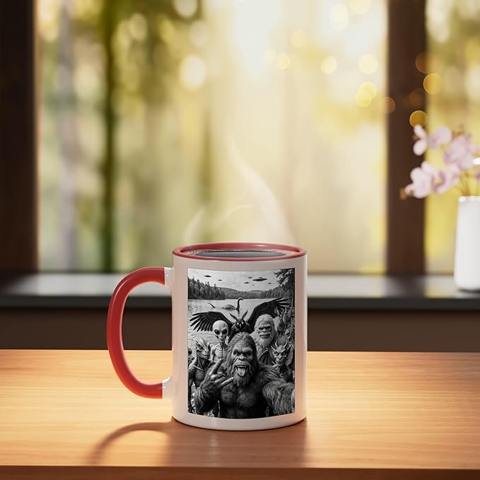 Bigfoot Alien Loch Ness Monster UFO Cryptids Selfie Ceramic Mug, Red/White