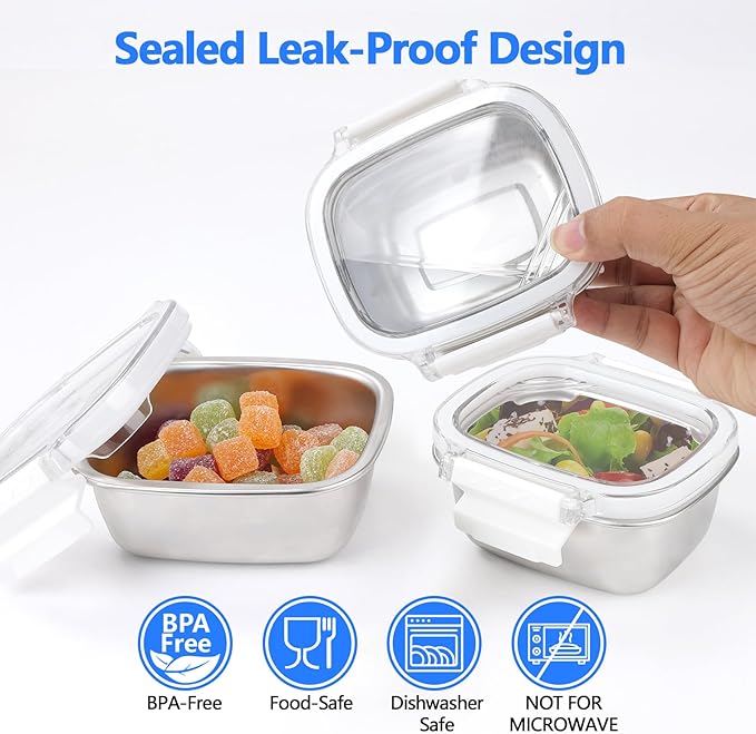 Stainless Steel Small Container with Lid - 5 Piece 8.5oz Reusable Stainless Steel Snack Containers, Leakproof Freezer Safe Metal Bento Box Fit for Portioning Snacks, Dips, and Condiments