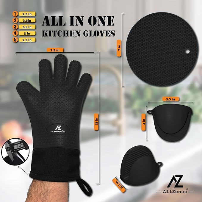 Silicone Smoker Oven Gloves & BBQ Set – Extreme Heat Resistant, Waterproof Oven Mitts, Mini Gloves, Hot Pads & Pot Holders for Cooking, Grilling, Baking, Extra Soft, Superior Value 6 pc Set. (Aqua)