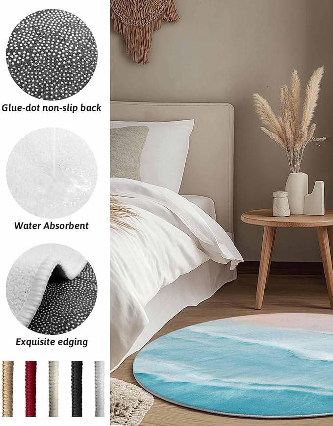 Round Area Rug,Summer Beach Blue Wave Water Ripple Circle Living Room Rug Non-Slip Rugs Indoor Carpet,Seaside Coastal Nautical Soft Comfort Rugs for Bedroom KidsRoom Nursery