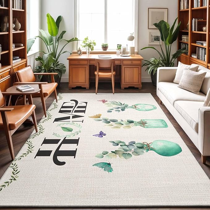 Area Rug 3x5ft, Rustic Home Text Eucalyptus Leaf Washable Rugs for Living Room Bedroom, Farmhouse Butterfly Retro Linen Soft Non-Slip Area Rugs Rectangle Floor Carpet for Dining Room