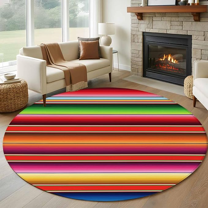 Washable Round Area Rug Mexican Stripes Vintage Boho Circle Rugs Floor Carpet for Living Room Bedroom, Native American Stripe Soft Non Slip Round Rug 5ft