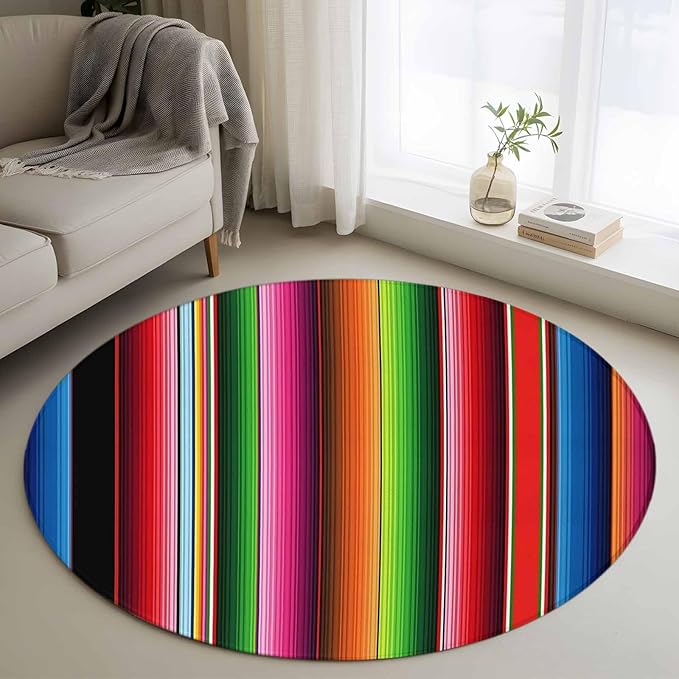 Washable Round Area Rug Mexico Art Colorful Stripes Circle Rugs Floor Carpet for Living Room Bedroom, Color Gradient Lines Soft Non Slip Round Rug 4ft